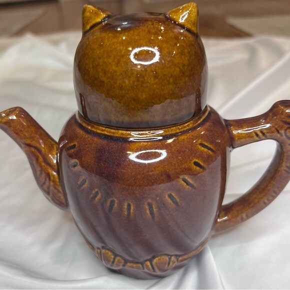 Vintage Boho Owl Teapot Brown Glazed Ceramic 70s Owl 1 Cup w/ Lid 5 3/4" Tall - Picture 8 of 11